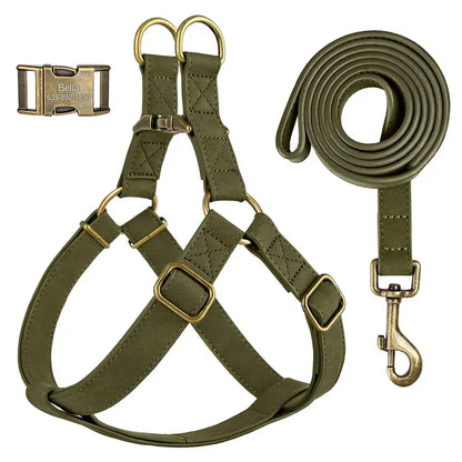 Custom PU Leather Harness And Leash Engraved Dog ID Buckle Harnesses Vest Pet Leading Rope Durable For Small Medium Dogs Bulldog