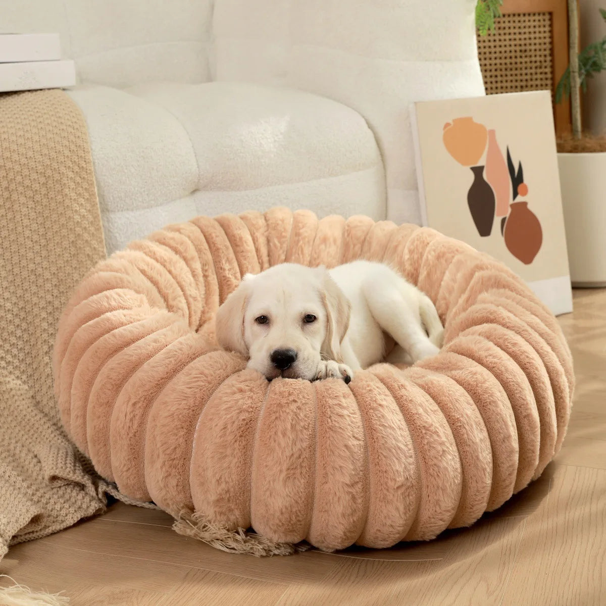 Indoor Cat Bed with Corduroy Rabbit Fur Anti Slip Bottom Donut Dog Bed for Small Dogs Artificial Bed Washable Detachable Cover
