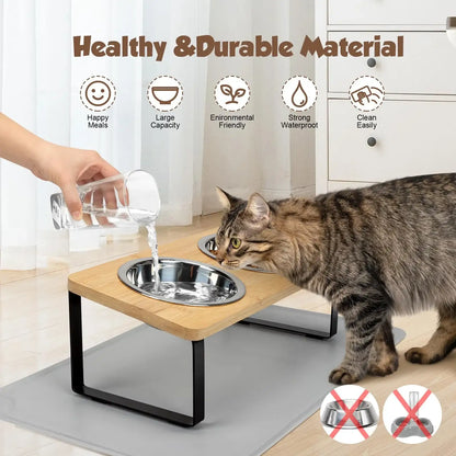 Elevated Cat Bowls with Food Mat 15° Tilted Stand Raised Cat Dishes for Food and Water Feeder 2 Stainless Steel Bowls for Cats