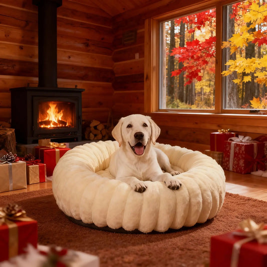 Indoor Cat Bed with Corduroy Rabbit Fur Anti Slip Bottom Donut Dog Bed for Small Dogs Artificial Bed Washable Detachable Cover