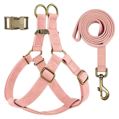 Custom PU Leather Harness And Leash Engraved Dog ID Buckle Harnesses Vest Pet Leading Rope Durable For Small Medium Dogs Bulldog