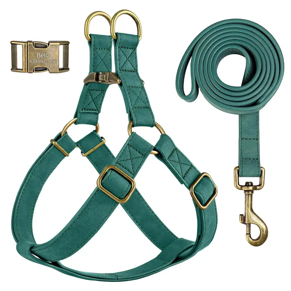 Custom PU Leather Harness And Leash Engraved Dog ID Buckle Harnesses Vest Pet Leading Rope Durable For Small Medium Dogs Bulldog