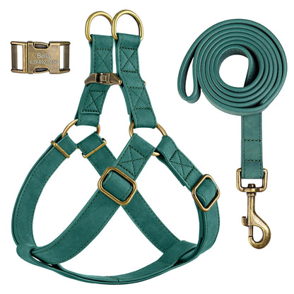 Custom PU Leather Harness And Leash Engraved Dog ID Buckle Harnesses Vest Pet Leading Rope Durable For Small Medium Dogs Bulldog