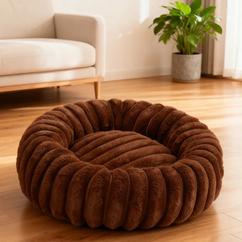 Indoor Cat Bed with Corduroy Rabbit Fur Anti Slip Bottom Donut Dog Bed for Small Dogs Artificial Bed Washable Detachable Cover
