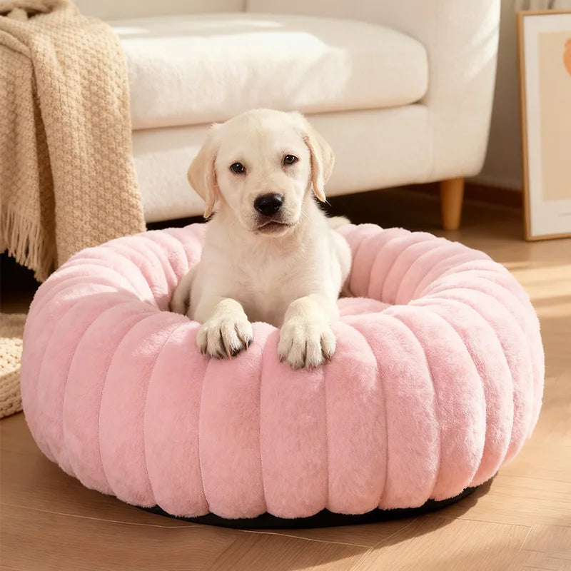 Indoor Cat Bed with Corduroy Rabbit Fur Anti Slip Bottom Donut Dog Bed for Small Dogs Artificial Bed Washable Detachable Cover