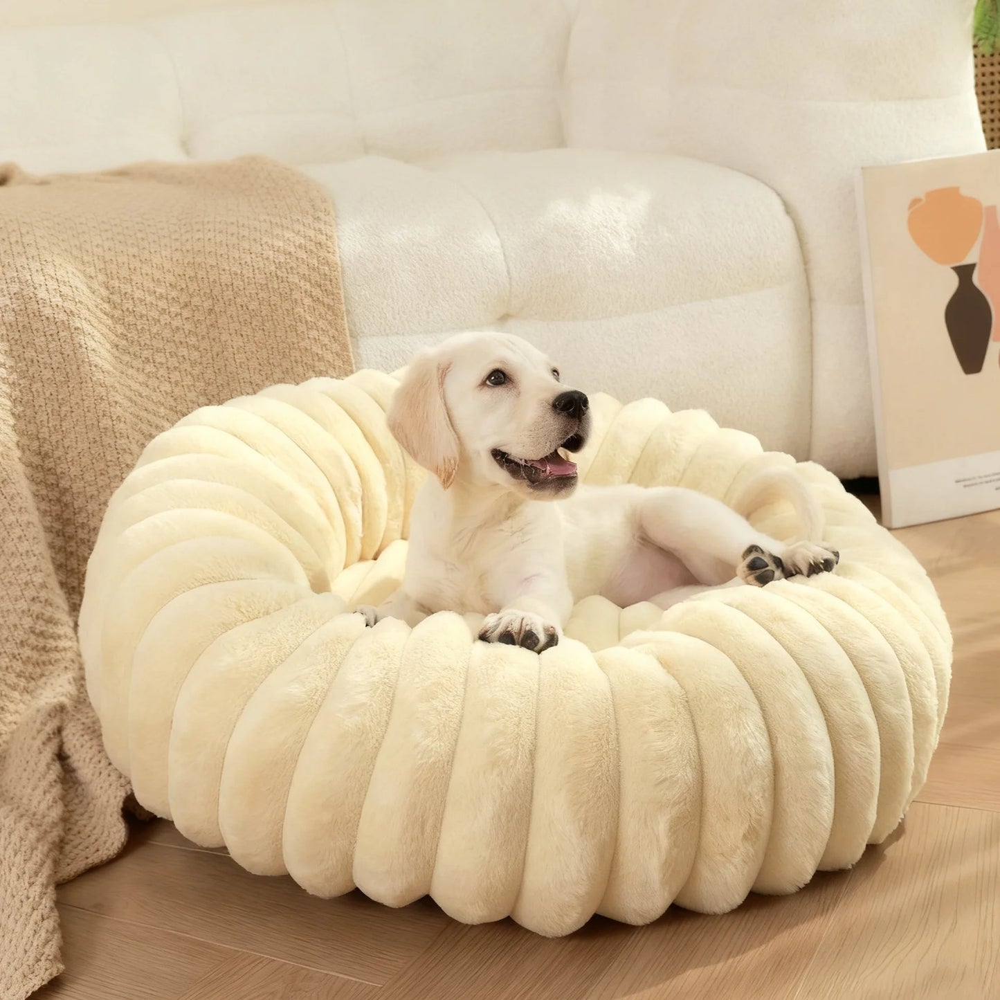 Indoor Cat Bed with Corduroy Rabbit Fur Anti Slip Bottom Donut Dog Bed for Small Dogs Artificial Bed Washable Detachable Cover